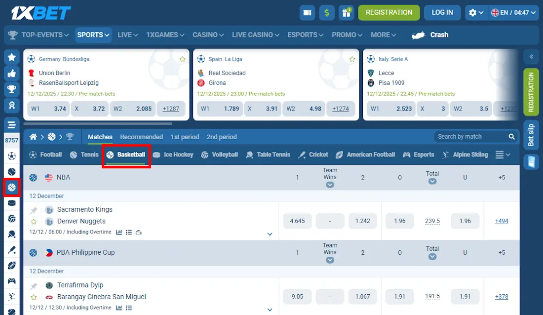 1xBet Basketball betting Screenshot